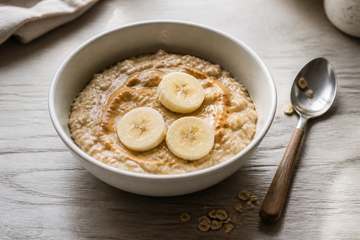 Peanut butter banana protein oats topped with banana slices