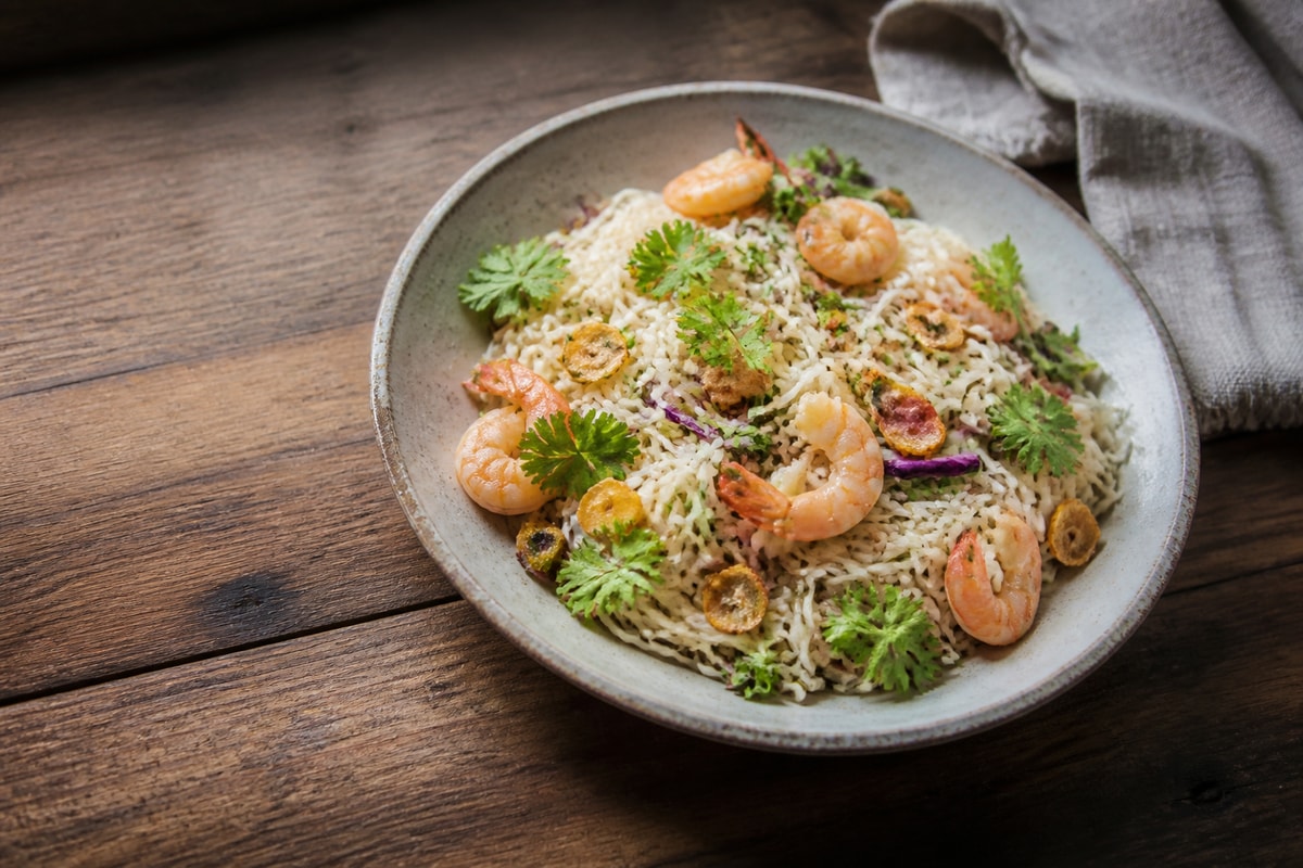 Garlic prawn noodle salad with cucumber and herbs