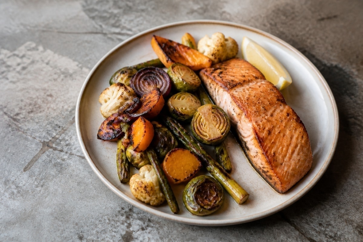 Roasted salmon with broccoli and peppers on a sheet pan