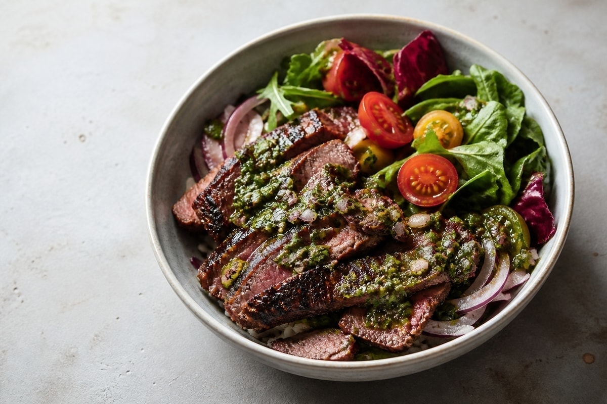 Sliced steak with chimichurri over greens and tomatoes