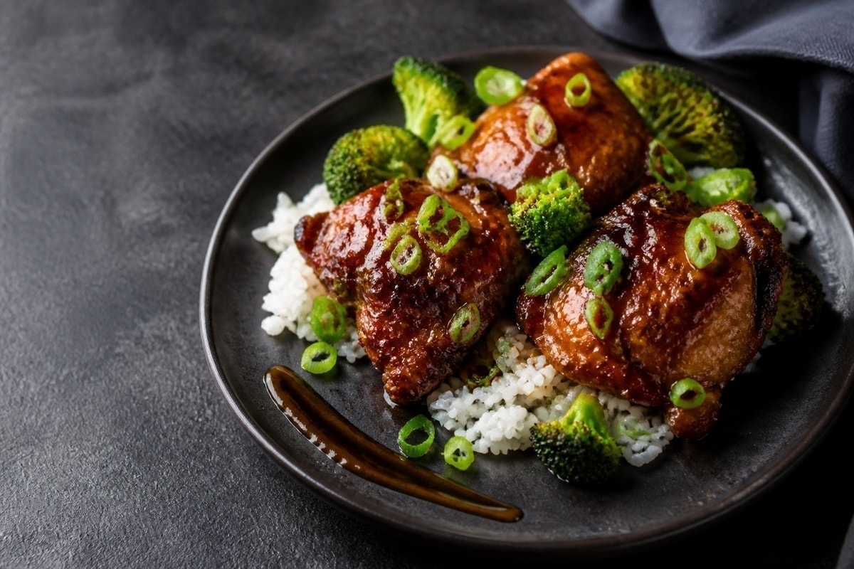 Sticky honey-soy chicken thighs with broccoli and rice