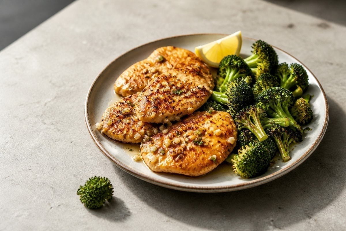 Garlic chicken cutlets with broccoli and lemon