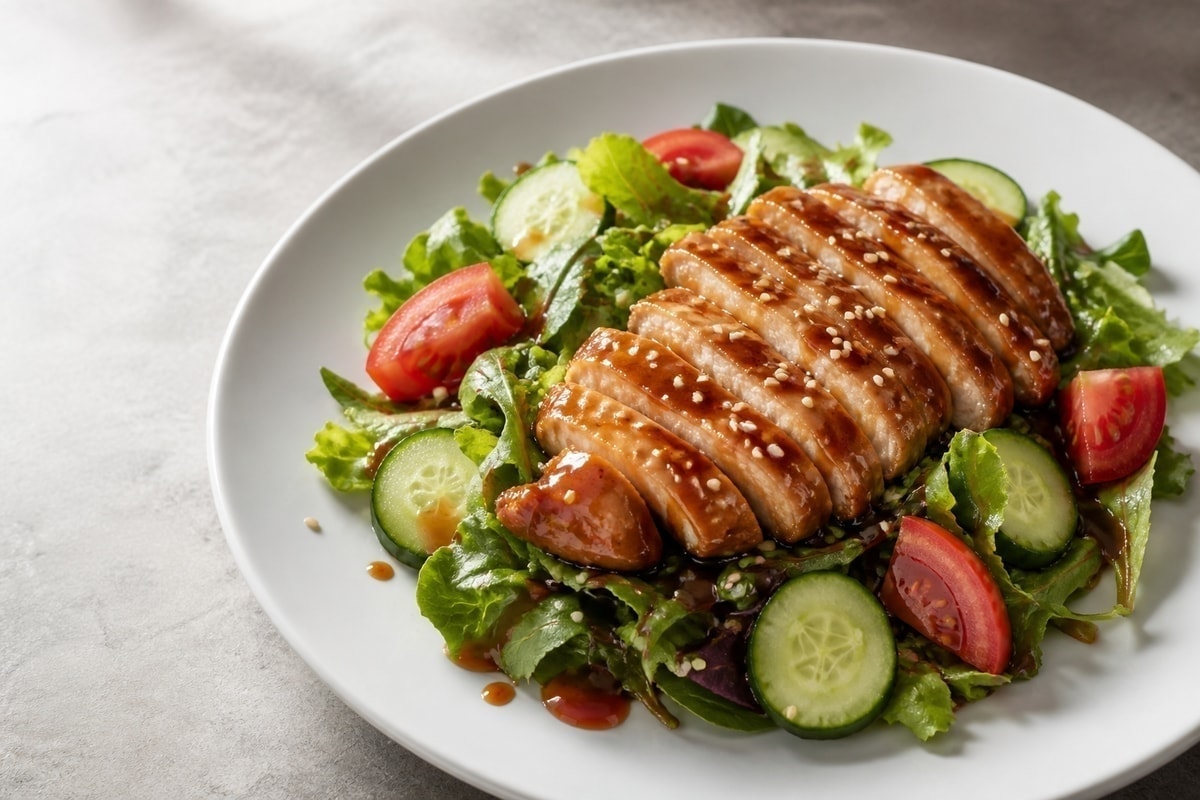 Teriyaki chicken salad with lettuce, cucumber, and tomato