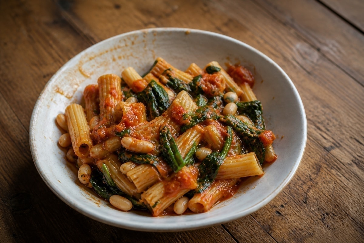 Tomato spinach pasta with white beans in a bowl