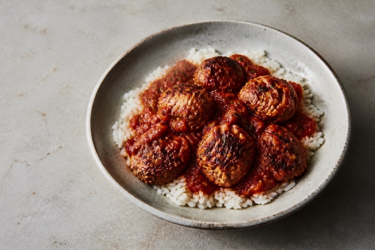 Turkey meatballs in tomato sauce over rice