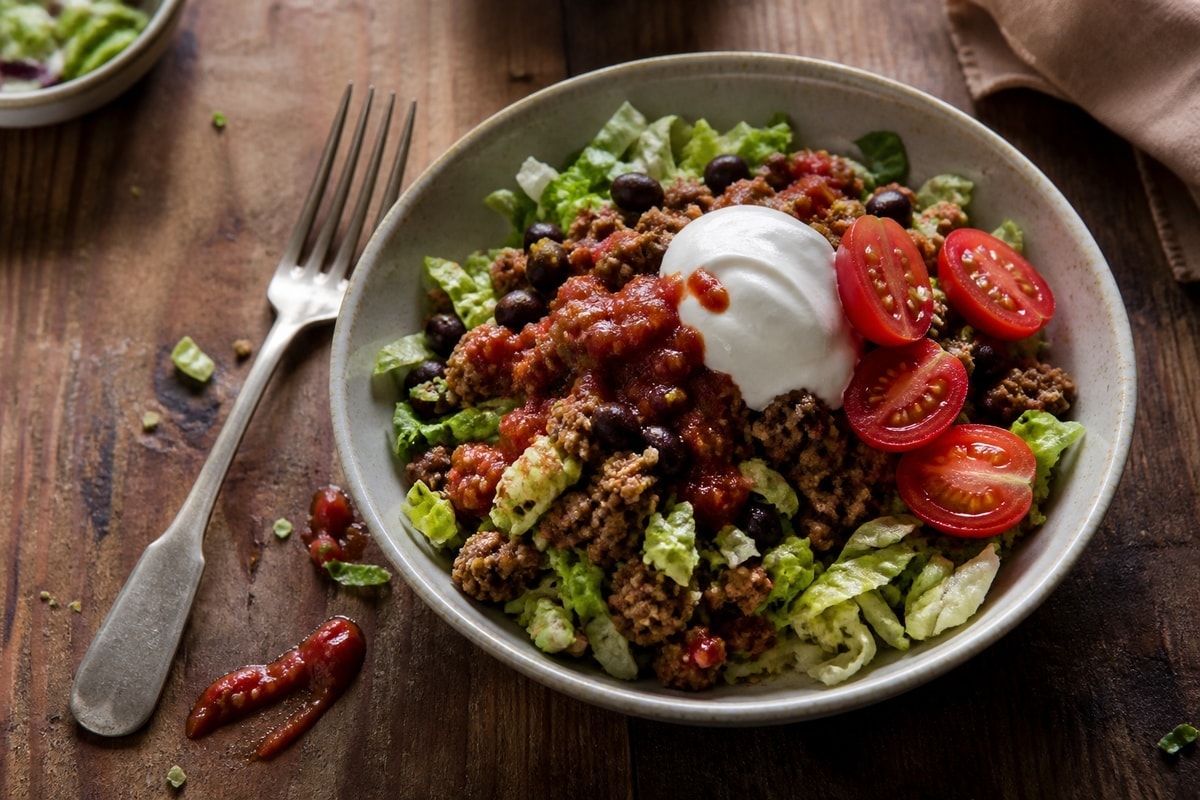 Turkey taco bowl with lettuce, beans, salsa, and yogurt