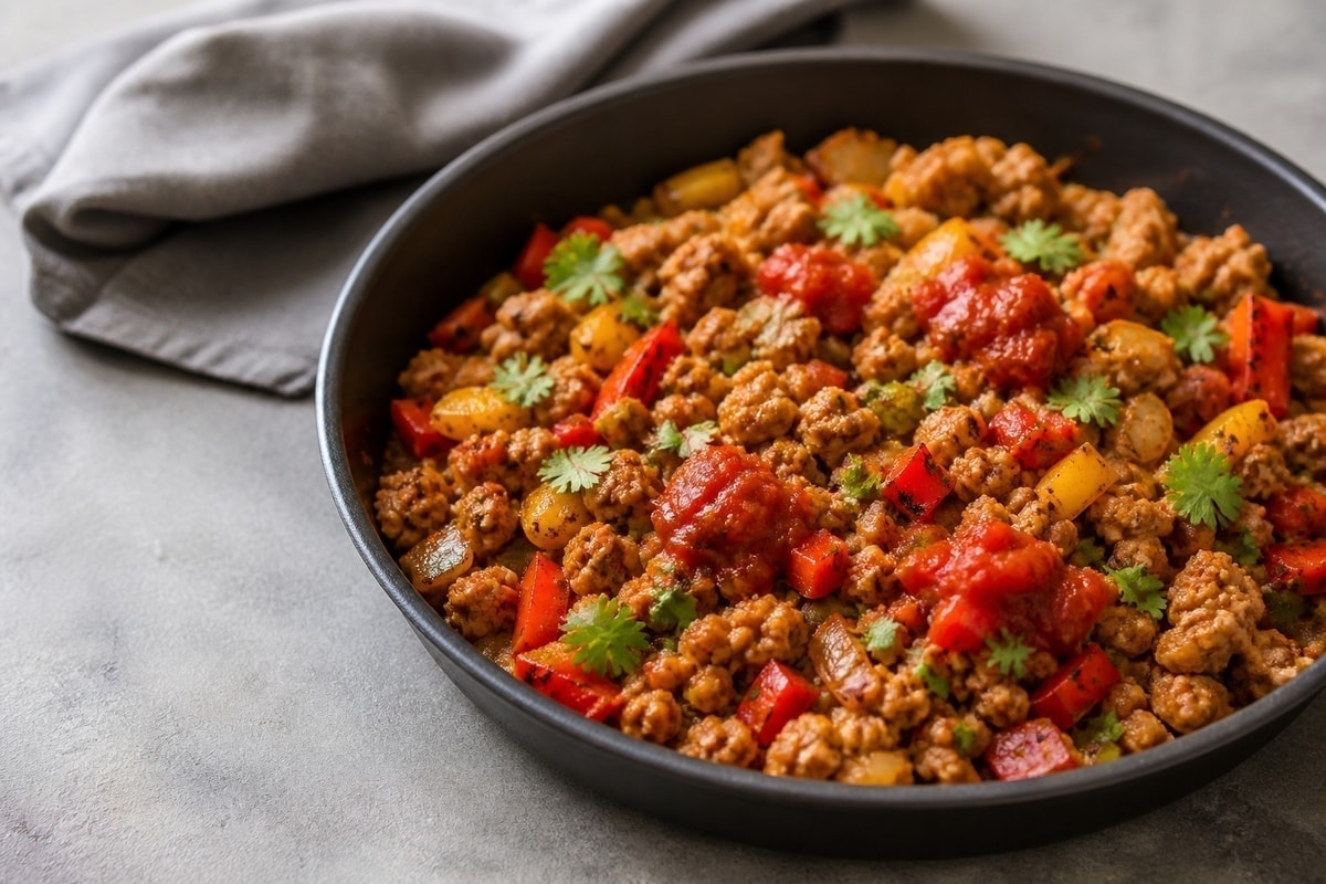 Turkey taco skillet with peppers, beans, and salsa