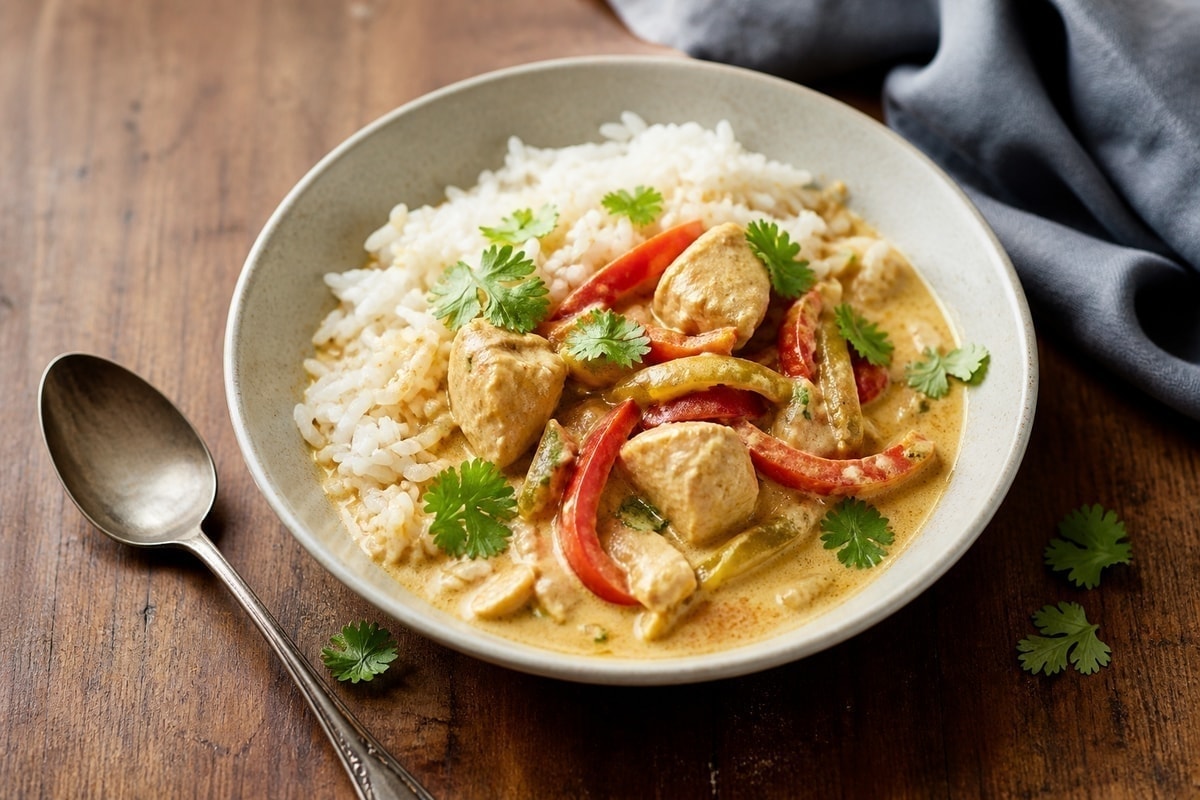 Weeknight chicken curry with peppers over rice
